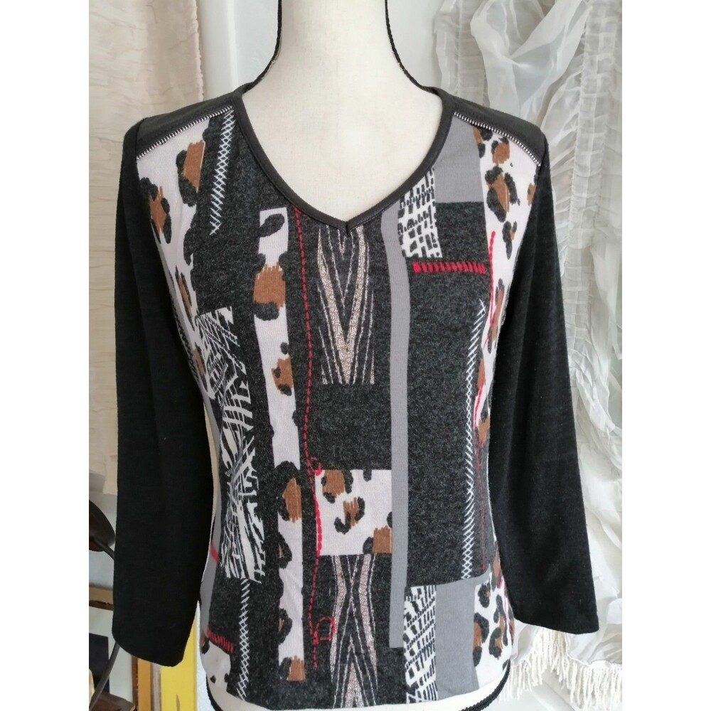 Womens Modern Print Pullover Sweater V Neck 3/4 Sleeve